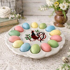Ceramic Deviled Egg Platter White Rooster Farmhouse Easter Vintage Serving Tray